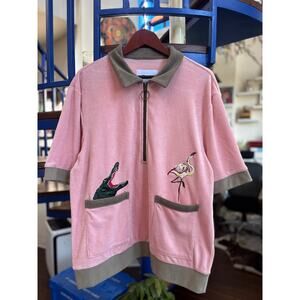 Tombolo Pink and Green Flamingo Tartare 'Cabana Shirt (XL)